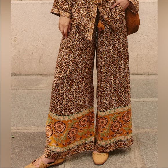 Spell Pants - Spell & the Gypsy Sannah Brown Floral Jacquard Printed Wide Leg Light Pants S